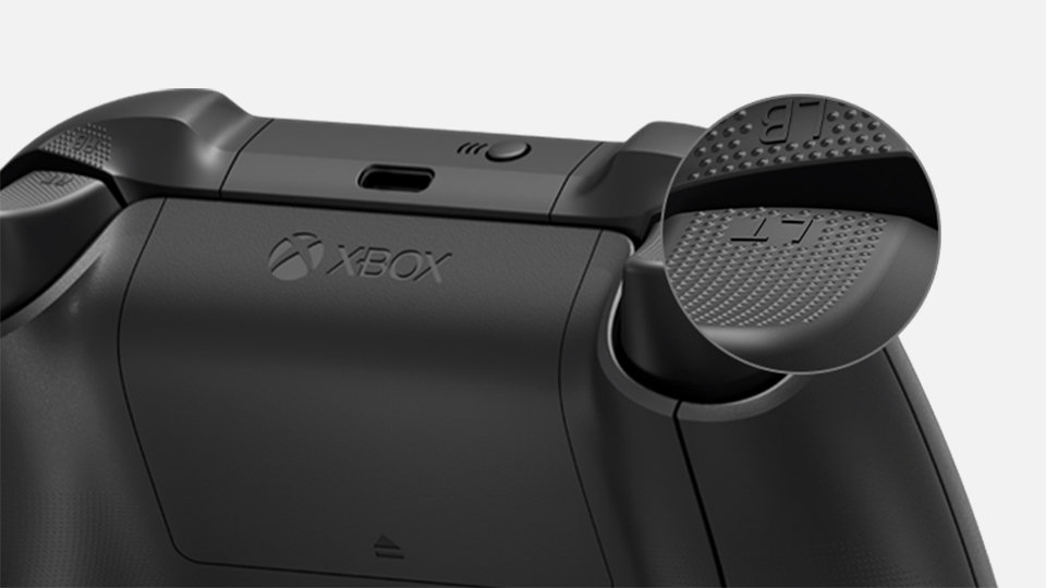 Back of the Xbox Wireless Controller + USB-C® Cable with a close up of the textured triggers.