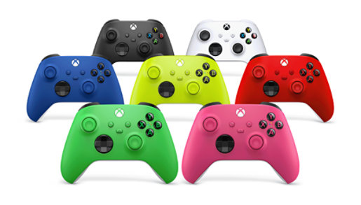 A front angle view of seven Xbox Wireless Controller colors in front of a grey background.