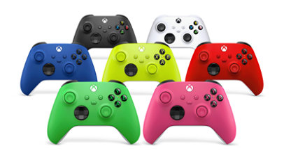 A front angle view of seven Xbox Wireless Controller colors in front of a grey background.