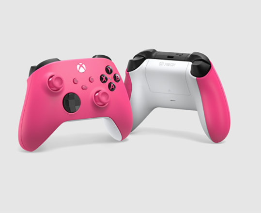 Front and back view of Xbox Wireless Controller in Deep Pink.