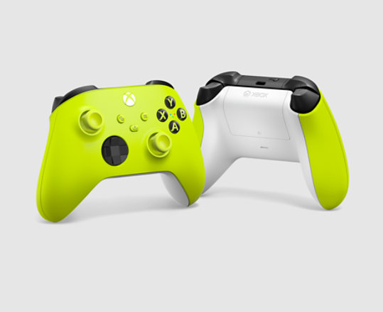 Front and back view of Xbox Wireless Controller in Electric Volt