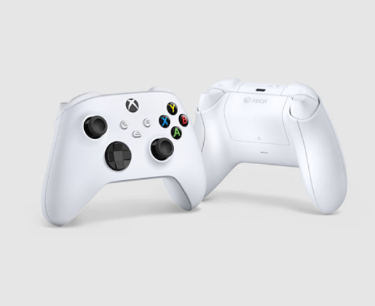 Front and back of Xbox Wireless Controller in Robot White.