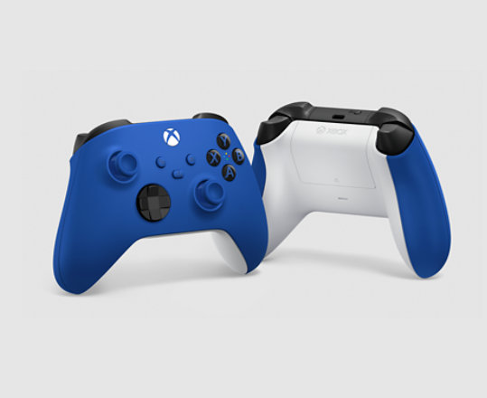 Front and back view of Xbox Wireless Controller in Shock Blue.