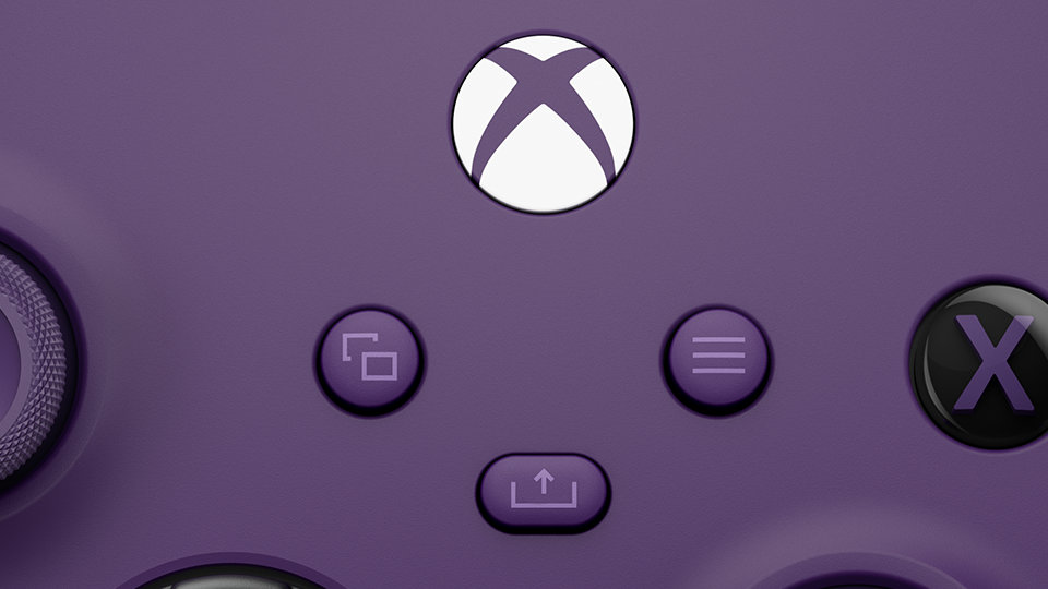 Close up of the Xbox, view, menu, and share buttons on the Xbox Wireless Controller.