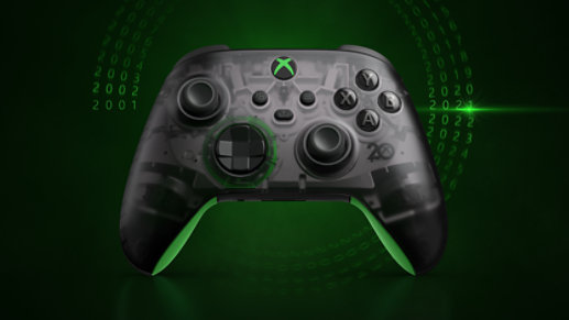 Left angled view of the Xbox Wireless Controller – 20th Anniversary Special Edition on a green background with the past 20 year dates