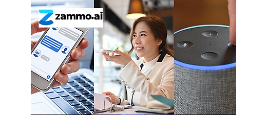 zammo.ai. Sample chat interaction on phone; a person using voice to interact with phone at work; a person using a virtual assistant device.