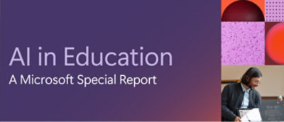 一个带白色文字的紫橙色背景，上面写着“教育领域中的 AI：Microsoft 特别报告”。