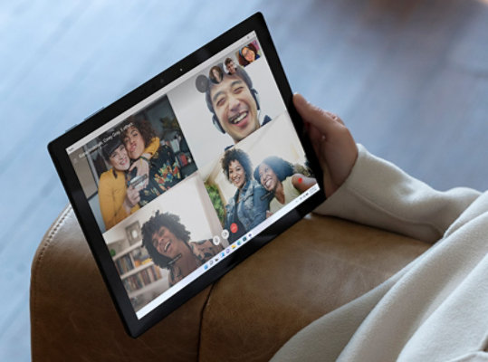 Surface Pro 7+ being used as a table with Teams.