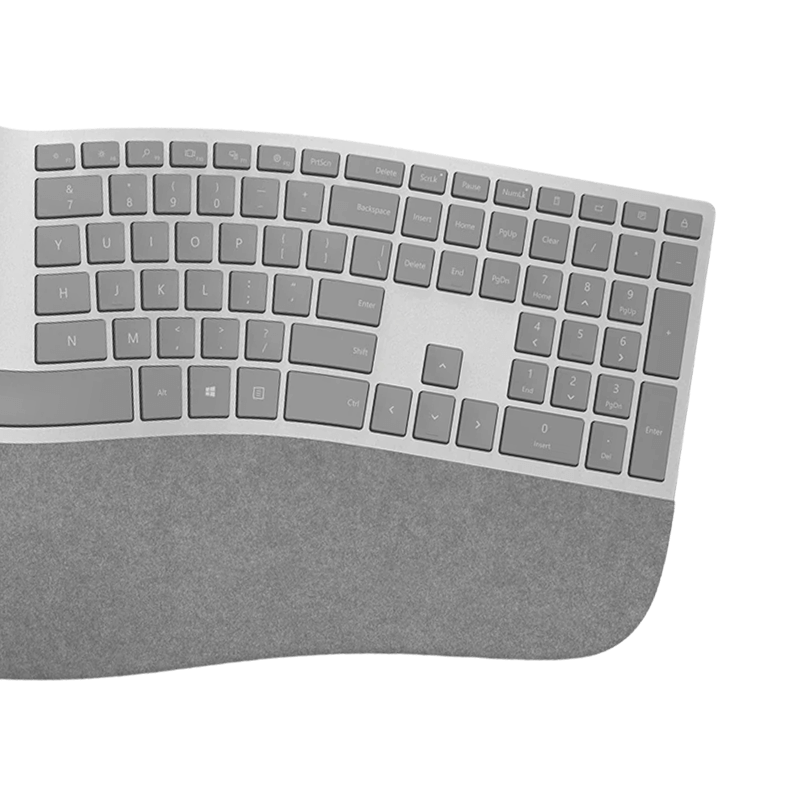 Surface Ergo Keyboard i fargen Platina viser høyre halvdel.