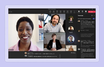 A virtual meeting with three people on video call and a transcript on the right. Video controls are visible at the top.