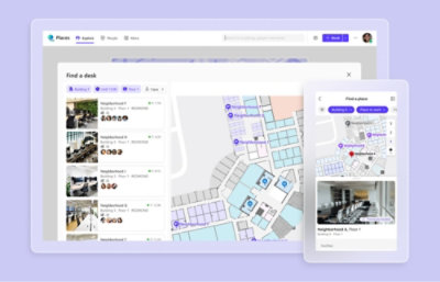 A digital interface showing a desk booking map on a laptop and smartphone,