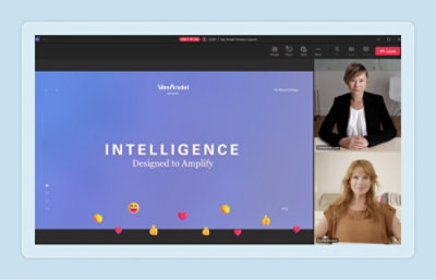 A virtual meeting presentation screen with "Intelligence: Designed to Amplify" displayed. 