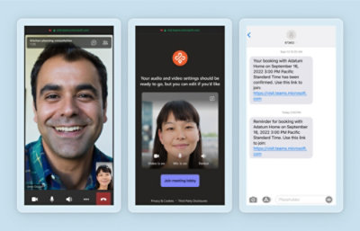 Video call interface with a man and woman on a screen, and two text message notifications about a booking confirmation 