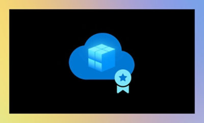 Graphic of a blue cloud with a 3D cube inside and a ribbon badge, symbolizing certified cloud storage or service.