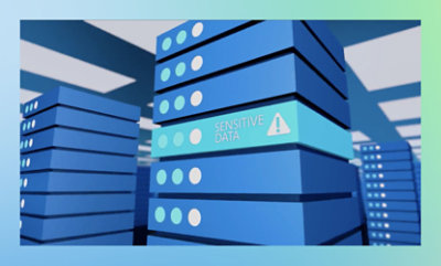 Illustration of a data center with servers labeled "SENSITIVE DATA".