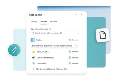 에이전트 편집, SharePoint 소스 추가, 참석자 목록의 옵션이 포함된 컴퓨터 인터페이스를 보여 주는 스크린샷