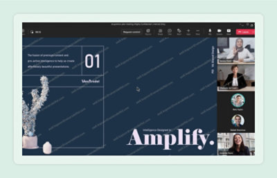 A digital meeting screen displaying a presentation slide titled "Amplify," with participants' video thumbnails on the right. 