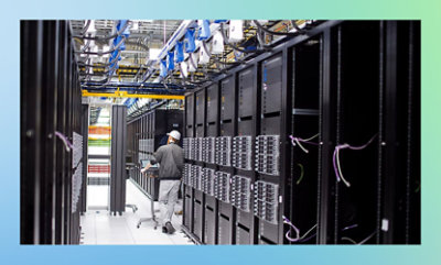 A person working in a server room
