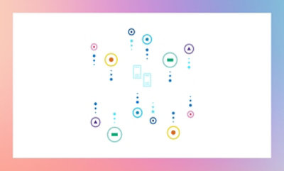 Diagramme de réseau abstrait avec des nœuds colorés et des lignes en pointillés sur un arrière-plan dégradé.