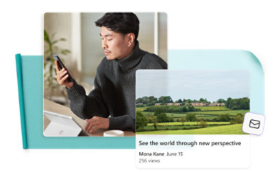 See the world through new perspective라는 텍스트가 적힌 휴대폰을 들고 있는 남자