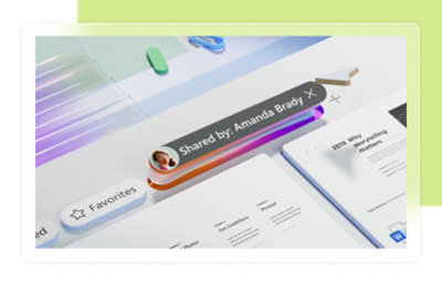 A stylized screenshot of a user interface with a notification bar indicating a file shared by Amanda Brady.