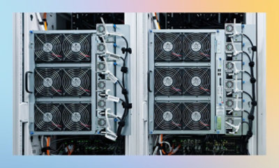 A group of fans on a metal shelf.