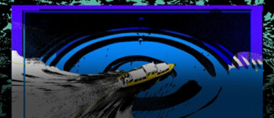 A yellow boat on a blue surface.