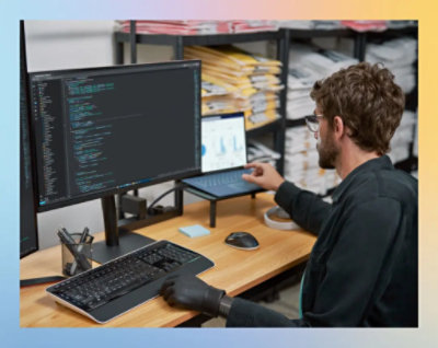 A person sitting at a desk using a computer.