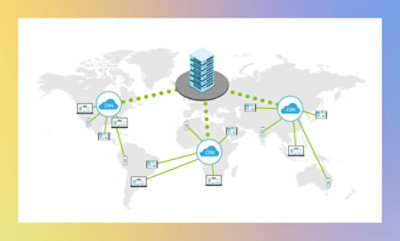 En computerskærm med et diagram over et cloudcomputing-netværk.