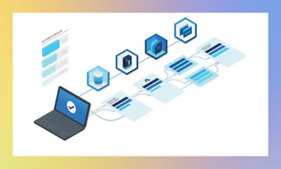 Isometric illustration of a data flow from a laptop to a series of networked database and document icons, representing digital information exchange.
