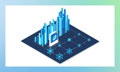 相互接続されたノードとそれを囲む背の高い青い棒グラフを備えたデジタルネット ワークの等角投影図 