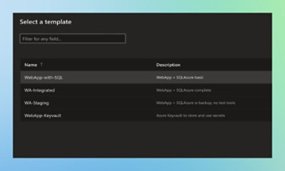 屏幕截图显示了包含多个用于选择 Web 应用程序模板选项的计算机屏幕。