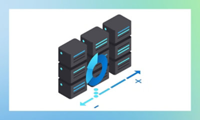Isometric illustration of three computer servers with a blue play button symbol in front of them, indicating a process or action related to the servers.