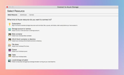 Screenshot of the "Connect to Azure Storage" window showing options including Subscription, Storage account or service.