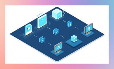 Isometric illustration of a network with computers and data blocks connected on a blue grid.