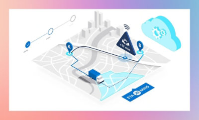 Illustration of a stylized map with a connected car sharing data with various technology icons representing GPS, cloud computing, and wireless communication.