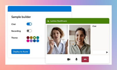 Screenshot einer Beispiel-Generator-Benutzeroberfläche für eine Chatanwendung mit Anpassungsoptionen für Chat, Aufnahme und Design sowie der Schaltfläche „Auf Azure bereitstellen“.