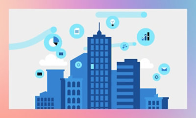Illustration of a stylized cityscape with various business and technology icons floating above the buildings.