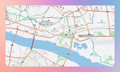 A stylized map of central London showing roads, river, and various points of interest with transportation lines.