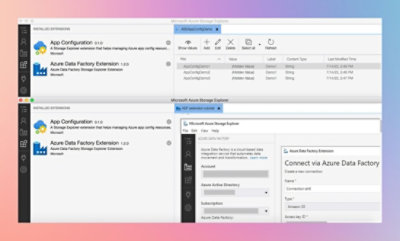 Screenshot of Microsoft Azure Storage Explorer showcasing the installation of "Azure Data Factory Extension".