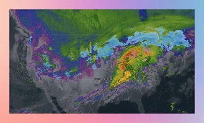 Satellite weather map showing a colorful storm system over the eastern United States.