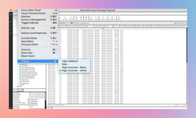 A screenshot of Microsoft Azure Storage Explorer shows a file directory with options for theme settings.