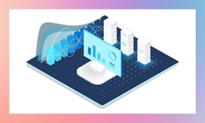 Isometric illustration of data analytics concept with bar graphs, charts, and server racks on a digital tablet.