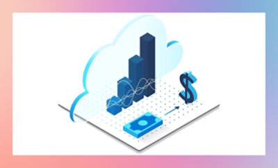 Isometric illustration of a cloud with bar graphs and a dollar sign, representing cloud computing in finance or economic data analytics.