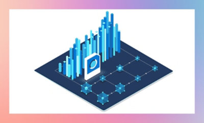 Isometric illustration of a stylized data analytics dashboard with 3D bar graphs and network connections on a grid.