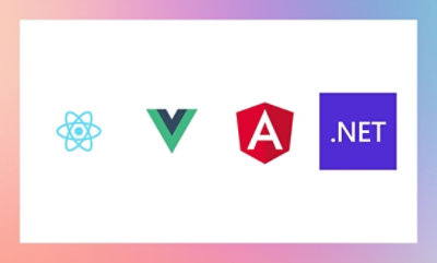 Logos of four web development frameworks: React, Vue.js, Angular, and .NET, displayed against a pastel background.