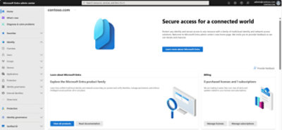 Capture d’écran du centre d’administration Microsoft Entra montrant les options pour découvrir Microsoft Entra, la famille de produits, les guides de configuration.