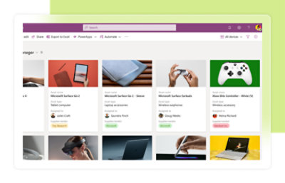 Imagen de un panel de software mostrando la administración de activos. Entre los diversos elementos enumerados figuran tabletas, accesorios