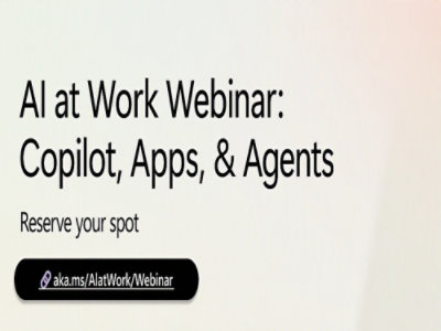 Image with text AI at work webinar: Copilot, Apps, & Agents.