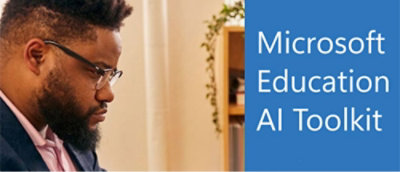 一名留着胡须、戴着眼镜的男士在看一个蓝色的 Microsoft 教育 AI 工具包标志附近的东西。